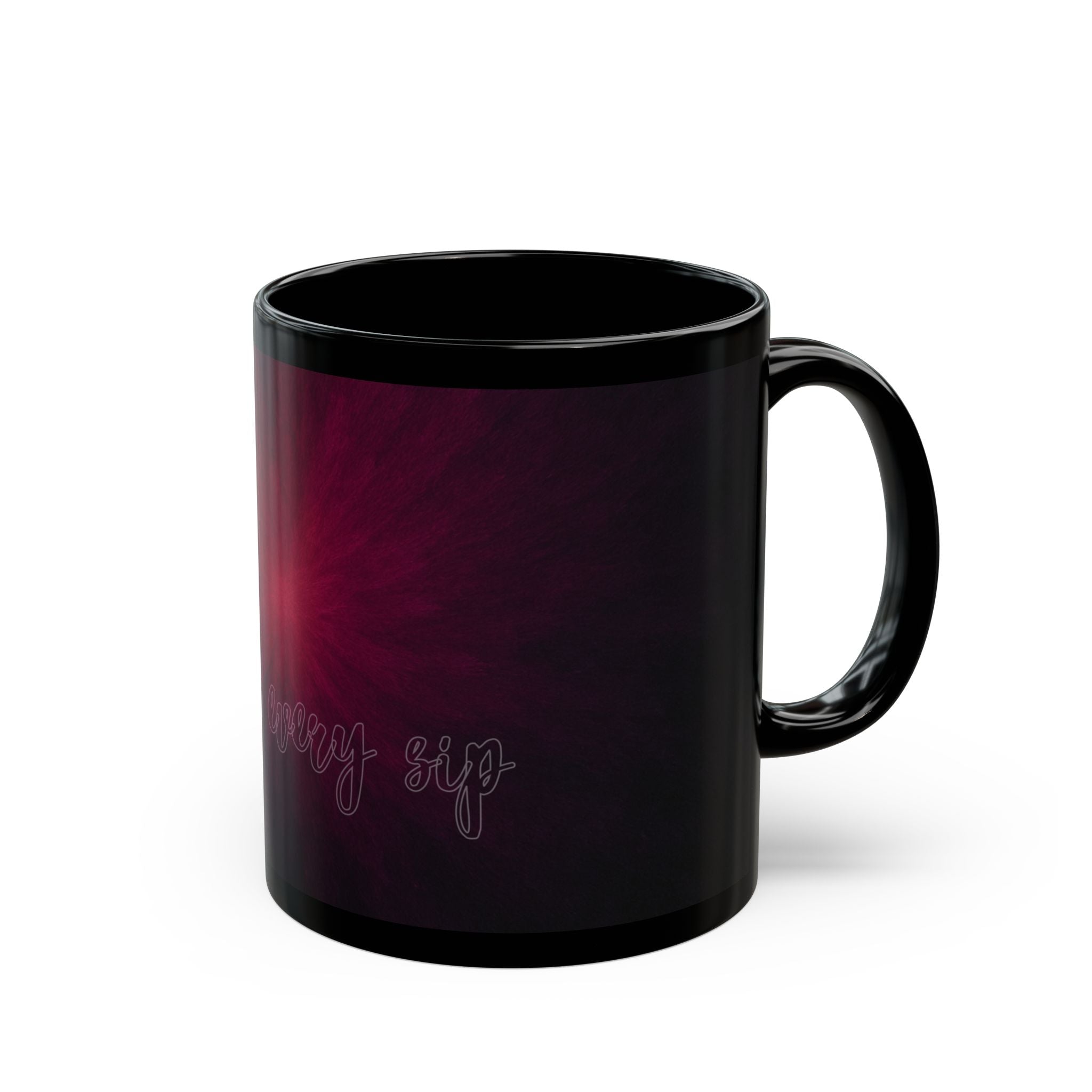 Black Ceramic Mug — Deep Maroon Starburst Design (11oz & 15oz)