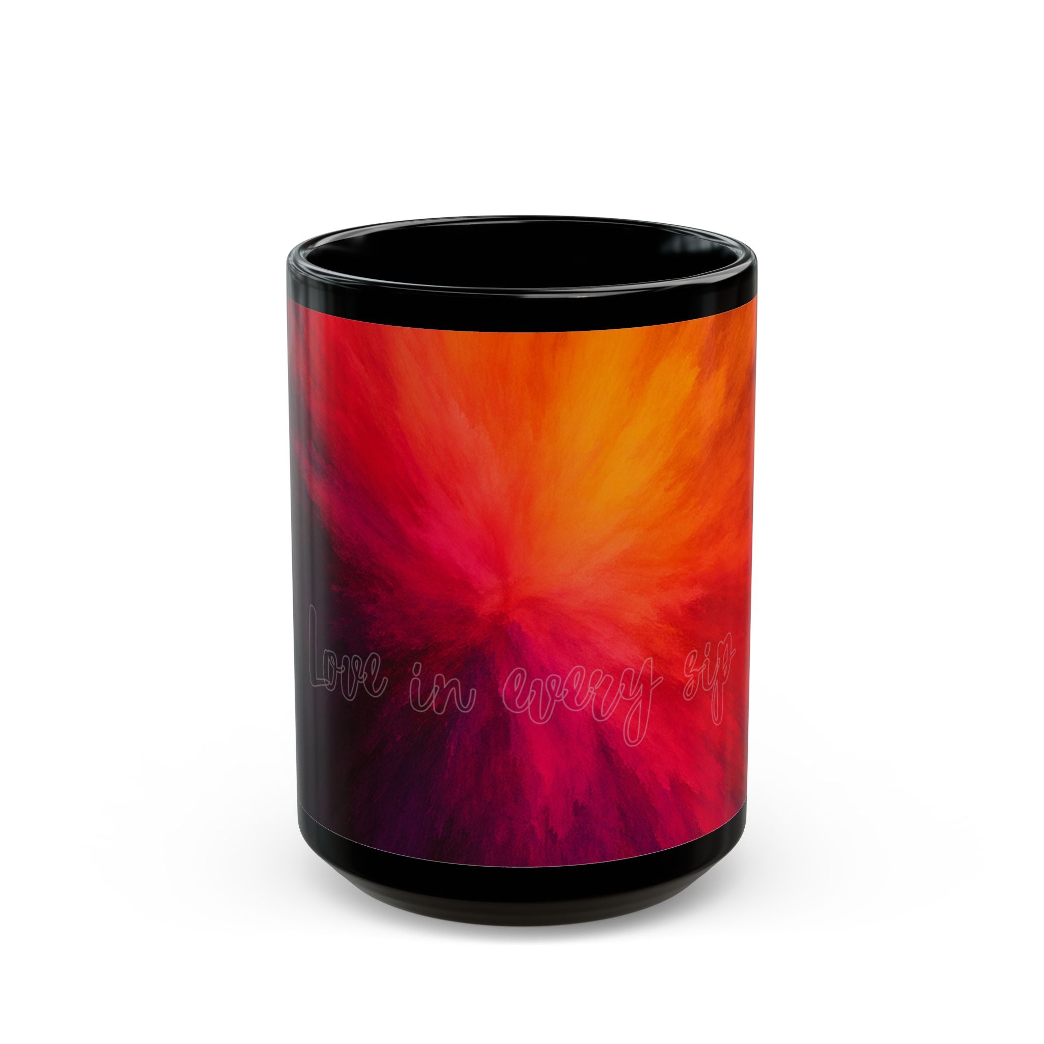 Abstract Sunrise Swirl Coffee Mug — Vibrant Red Orange Black Ceramic (11oz & 15oz)