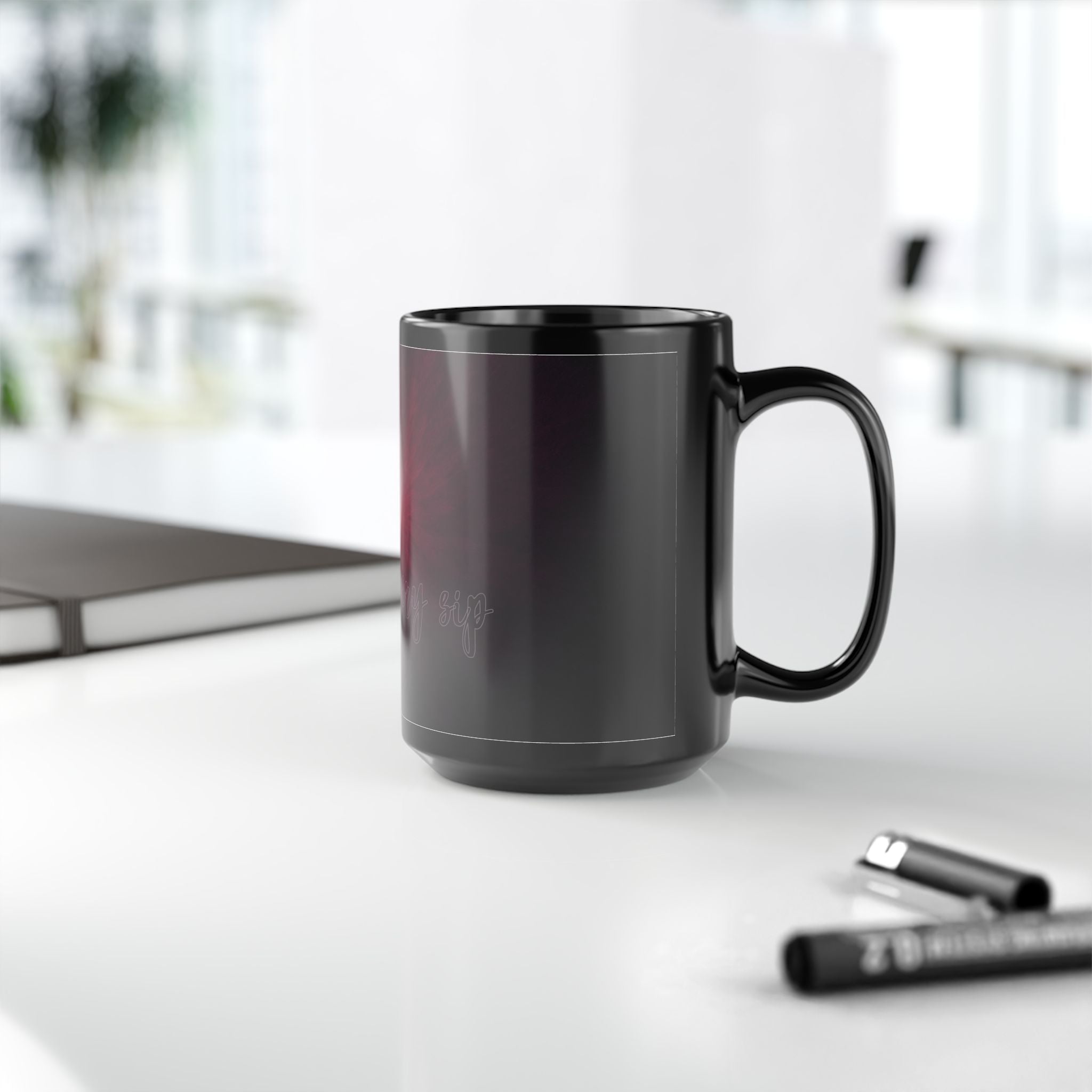 Black Ceramic Mug — Deep Maroon Starburst Design (11oz & 15oz)