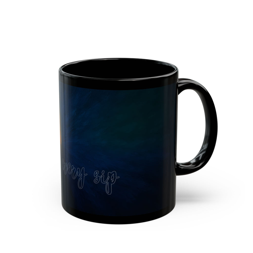 Galaxy Heart Black Mug — Subtle Blue & Orange Nebula Coffee Cup (11oz/15oz)
