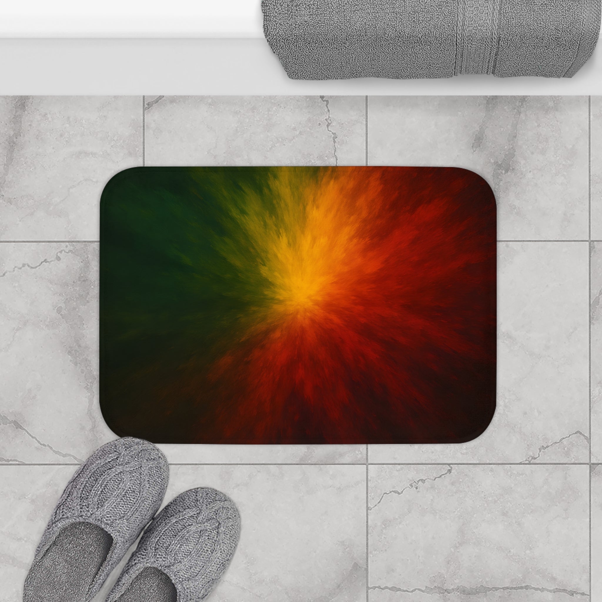 Abstract Sunset Burst Bath Mat — Colorful Red Orange Yellow Green Bathroom Rug