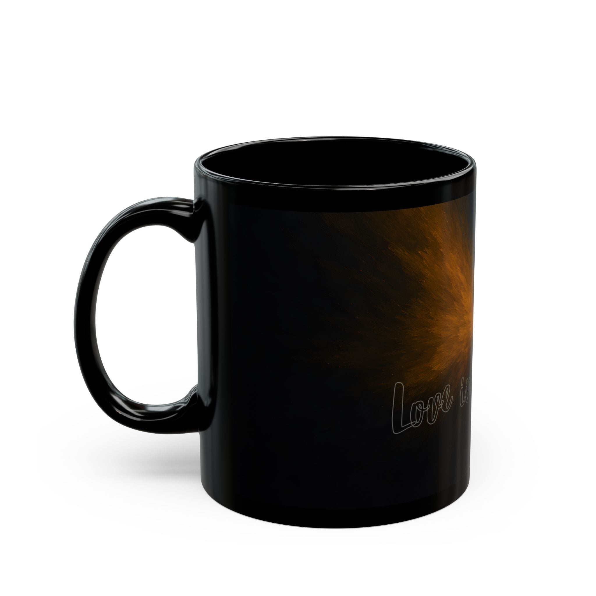 Galaxy Heart Black Mug — Subtle Blue & Orange Nebula Coffee Cup (11oz/15oz)