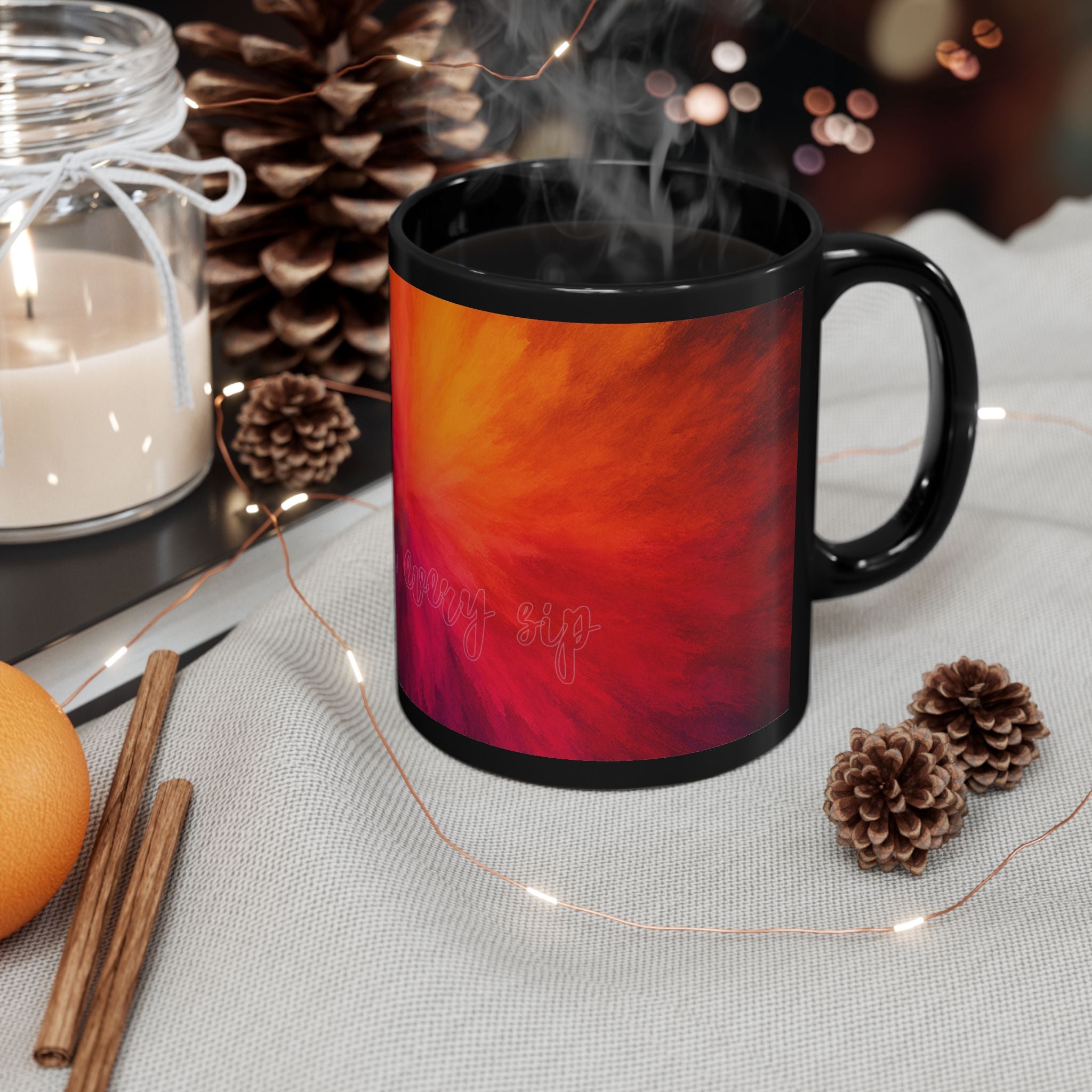 Abstract Sunrise Swirl Coffee Mug — Vibrant Red Orange Black Ceramic (11oz & 15oz)