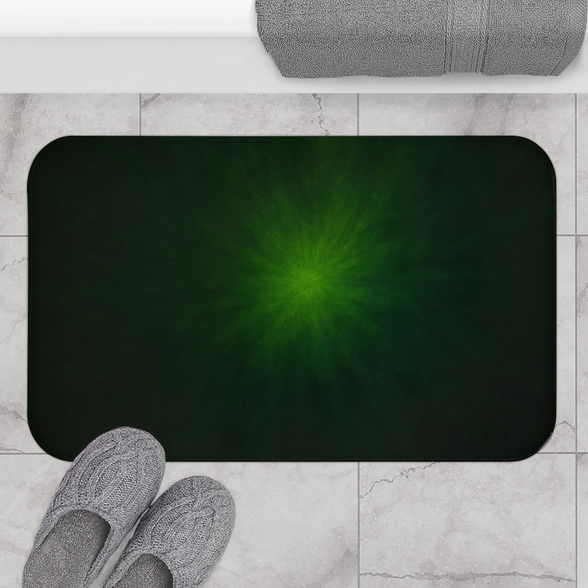 Emerald Glow Bath Mat — Soft Non-Slip Bathroom Rug with Subtle Green Radiant Center
