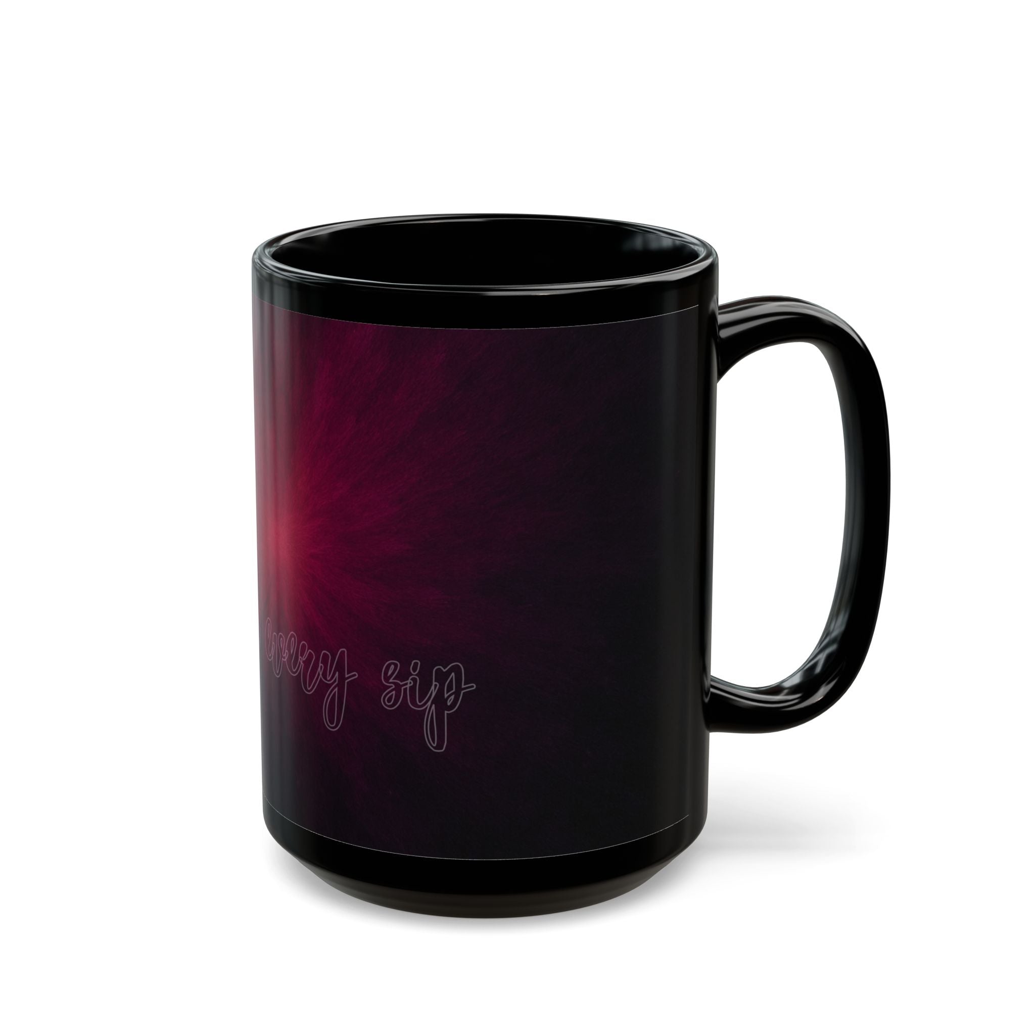 Black Ceramic Mug — Deep Maroon Starburst Design (11oz & 15oz)