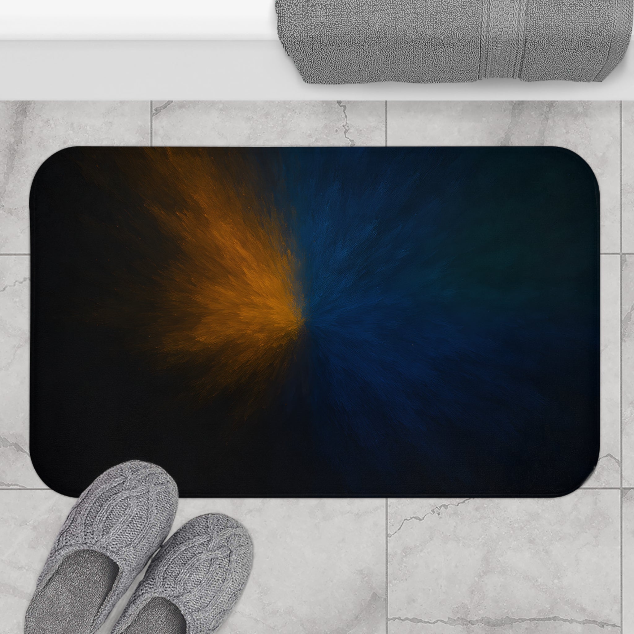 Abstract Blue & Amber Splash Bath Mat — Modern Artistic Non-Slip Bathroom Rug