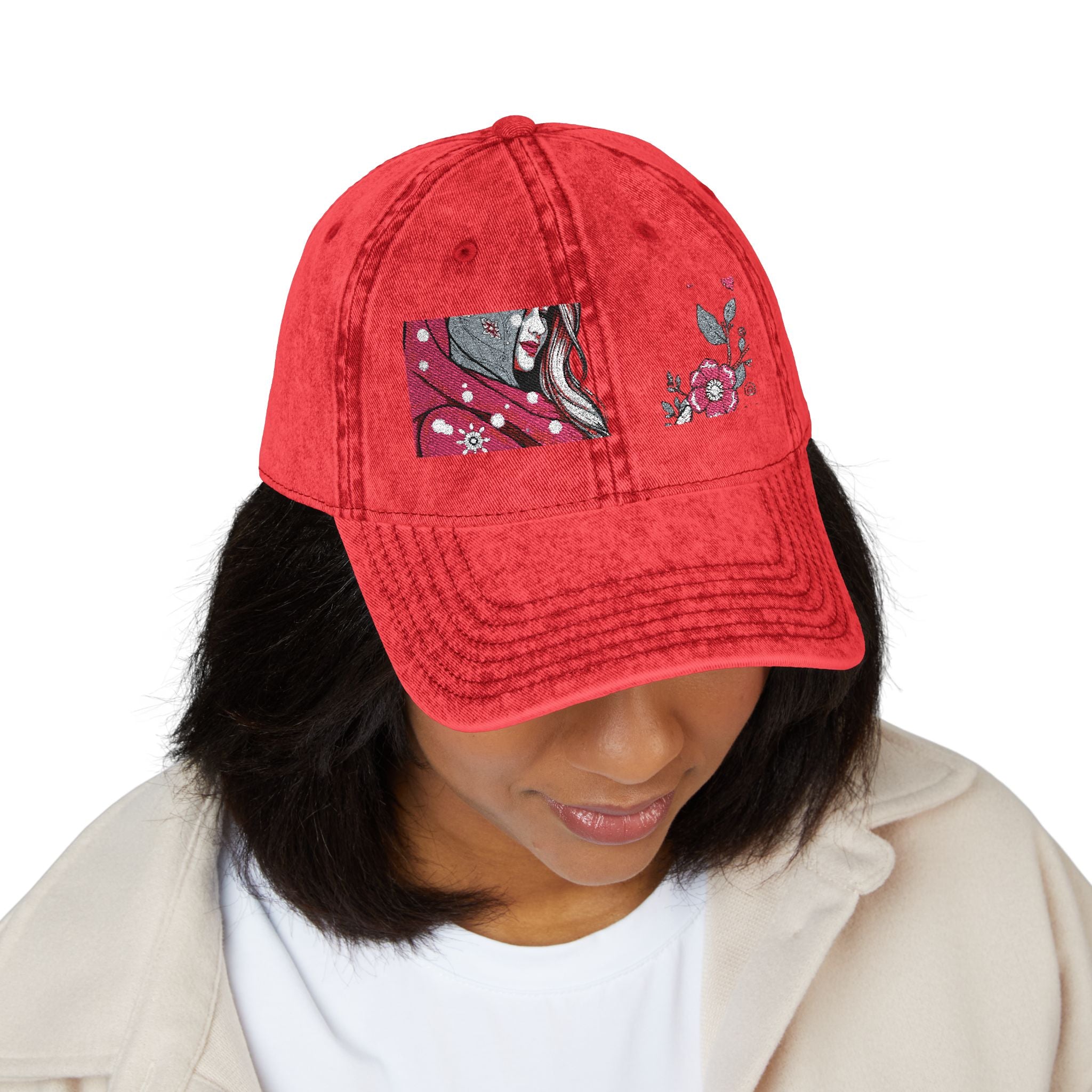 Embroidered Vintage Red Cap with Pink Floral Sparkle