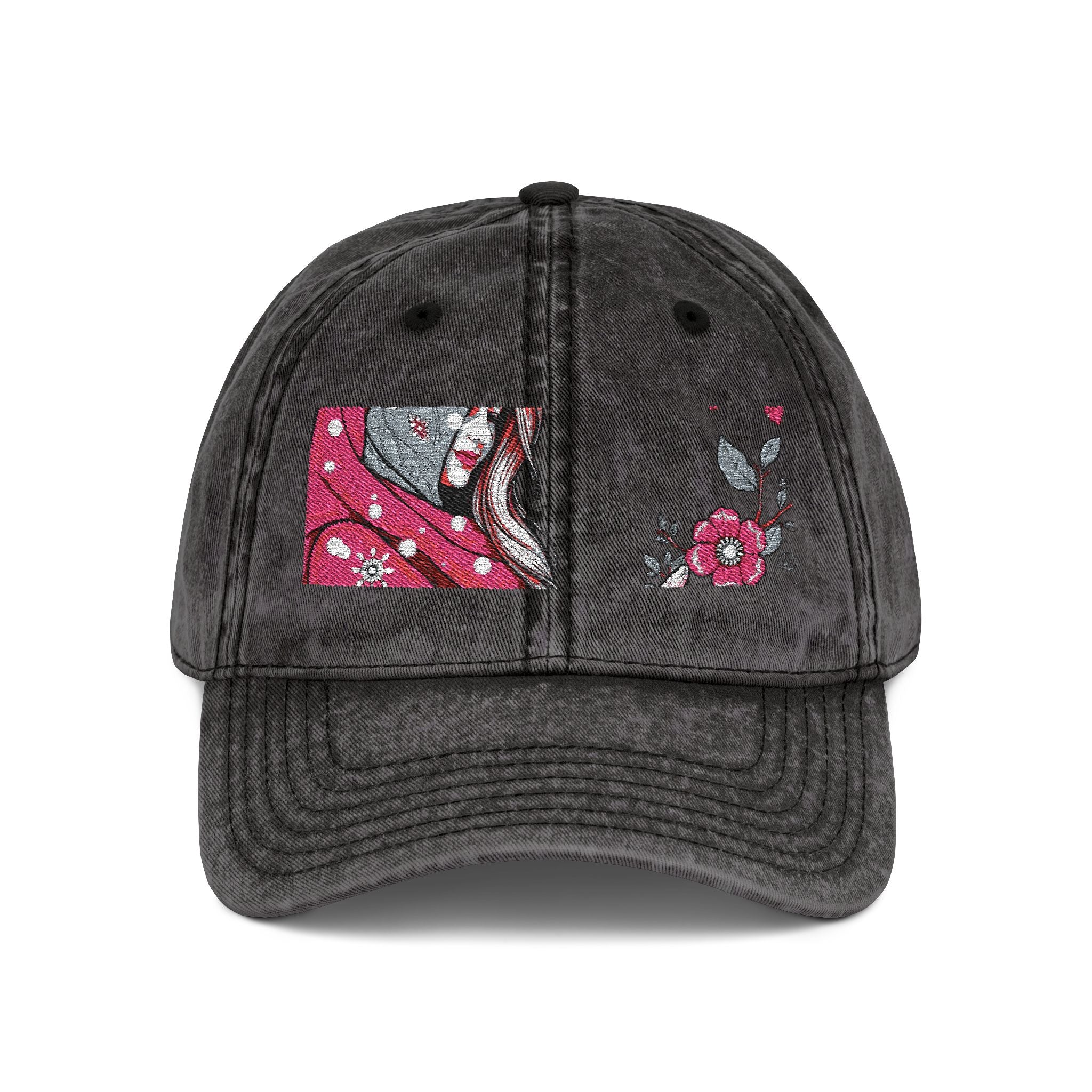 Embroidered Vintage Red Cap with Pink Floral Sparkle