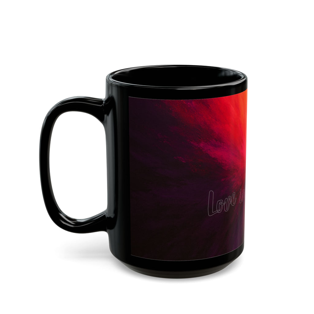 Abstract Sunrise Swirl Coffee Mug — Vibrant Red Orange Black Ceramic (11oz & 15oz)