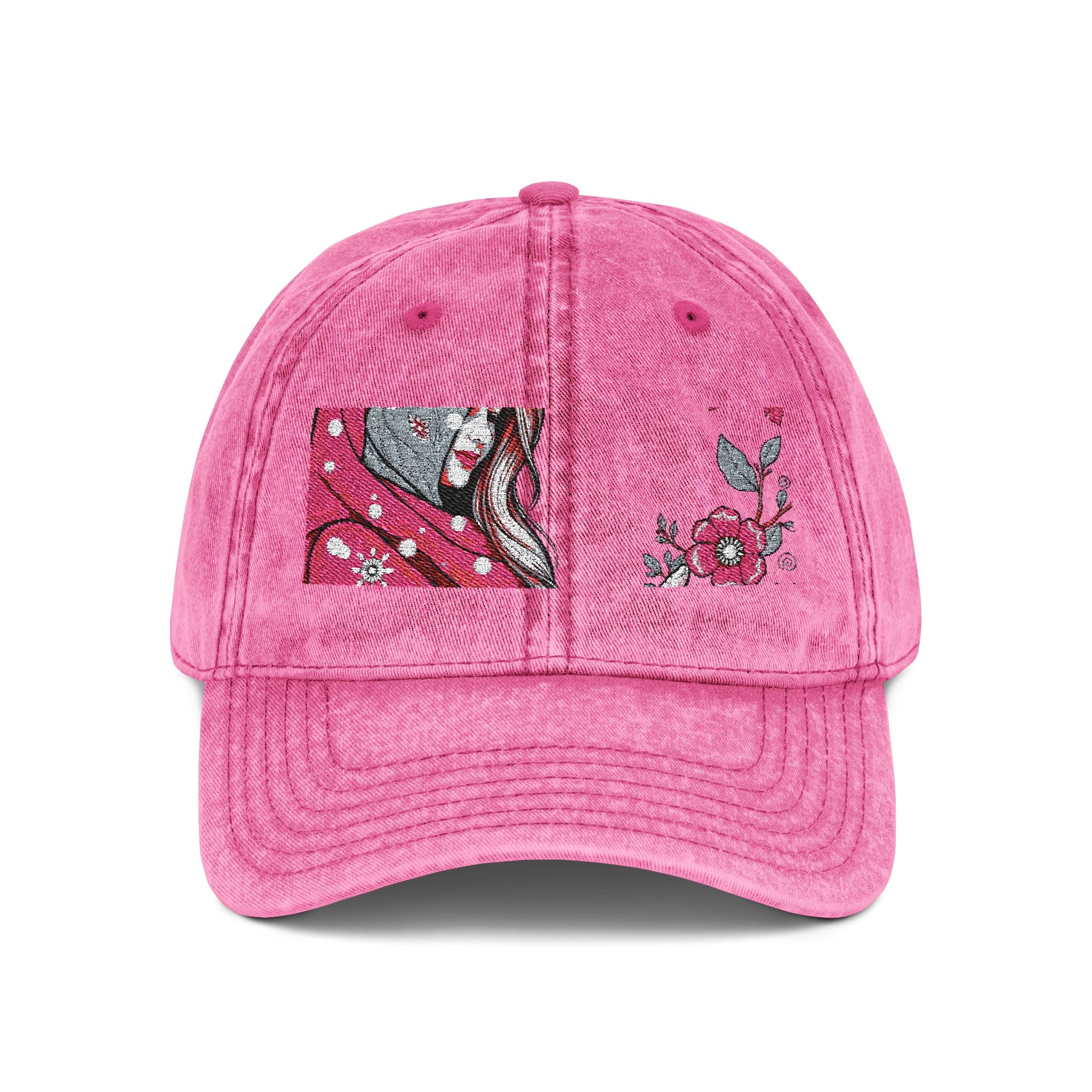 Embroidered Vintage Red Cap with Pink Floral Sparkle