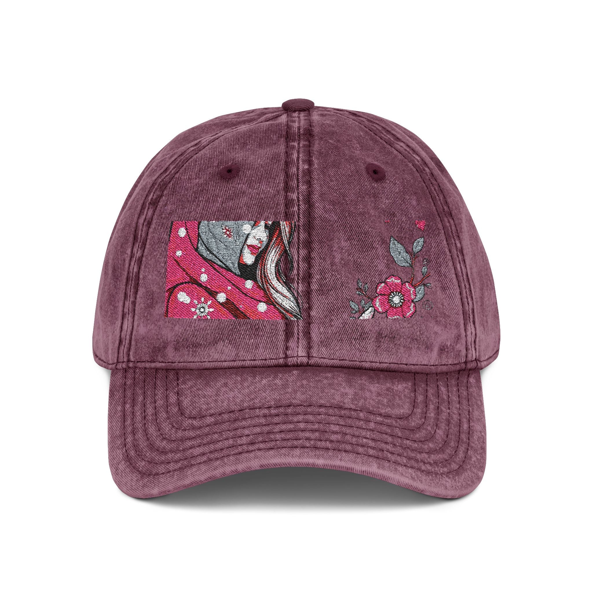 Embroidered Vintage Red Cap with Pink Floral Sparkle
