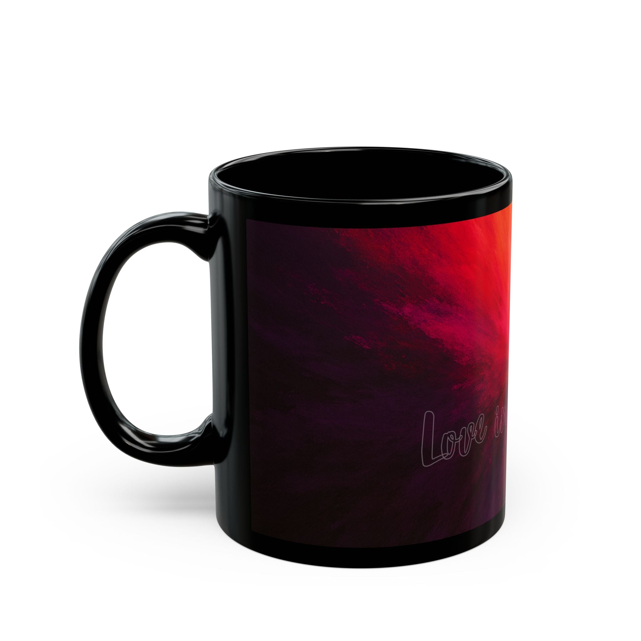 Abstract Sunrise Swirl Coffee Mug — Vibrant Red Orange Black Ceramic (11oz & 15oz)