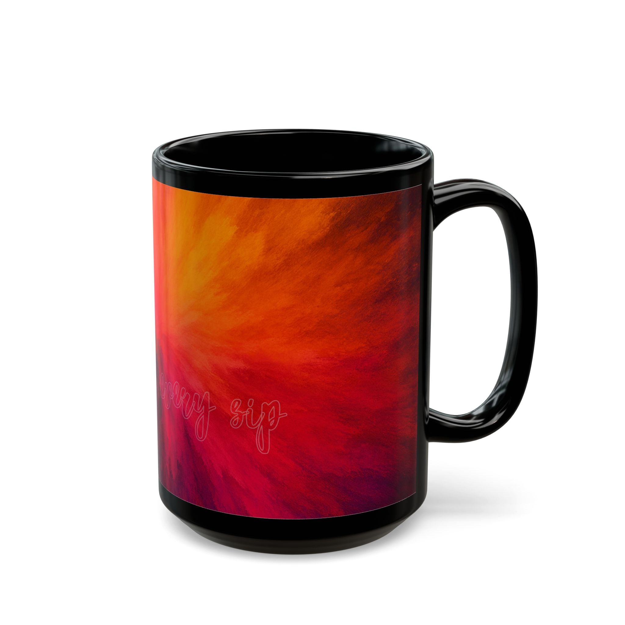 Abstract Sunrise Swirl Coffee Mug — Vibrant Red Orange Black Ceramic (11oz & 15oz)