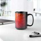 Abstract Sunrise Swirl Coffee Mug — Vibrant Red Orange Black Ceramic (11oz & 15oz)