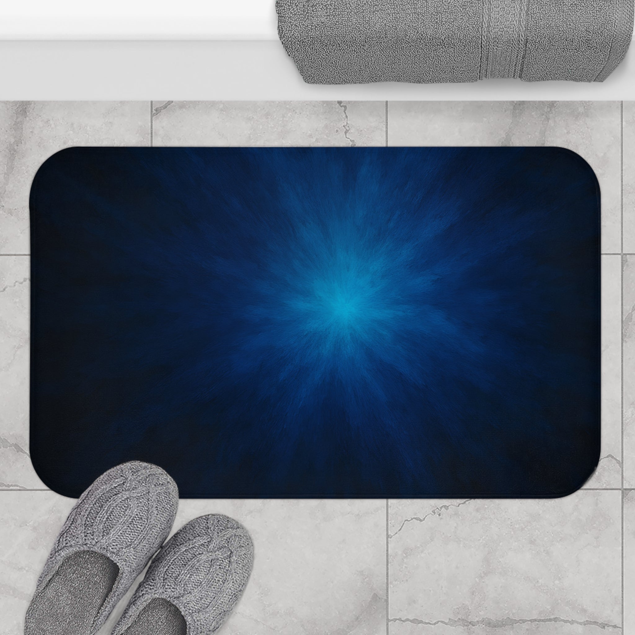 Nebula Glow Bath Mat — Deep Blue Starburst Bathroom Rug