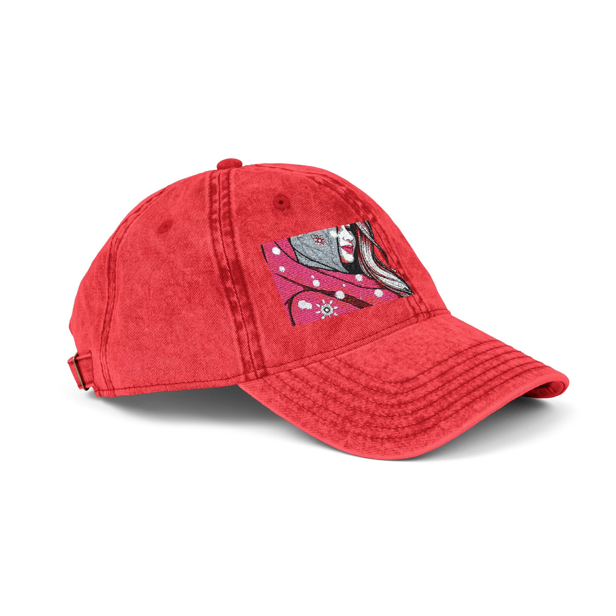 Embroidered Vintage Red Cap with Pink Floral Sparkle