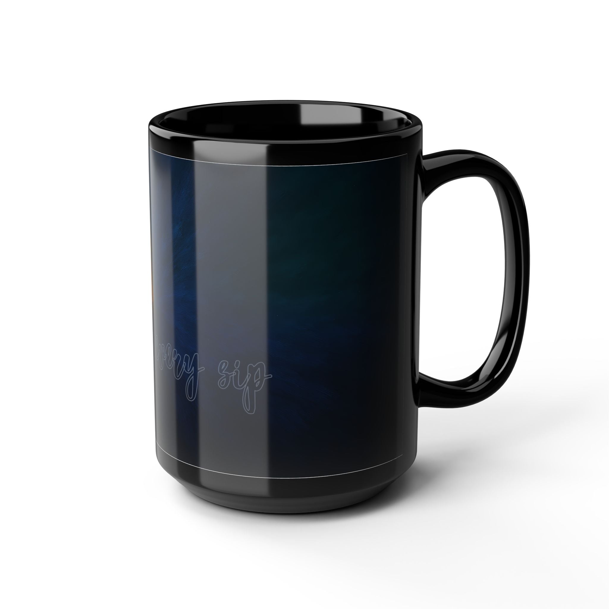 Galaxy Heart Black Mug — Subtle Blue & Orange Nebula Coffee Cup (11oz/15oz)