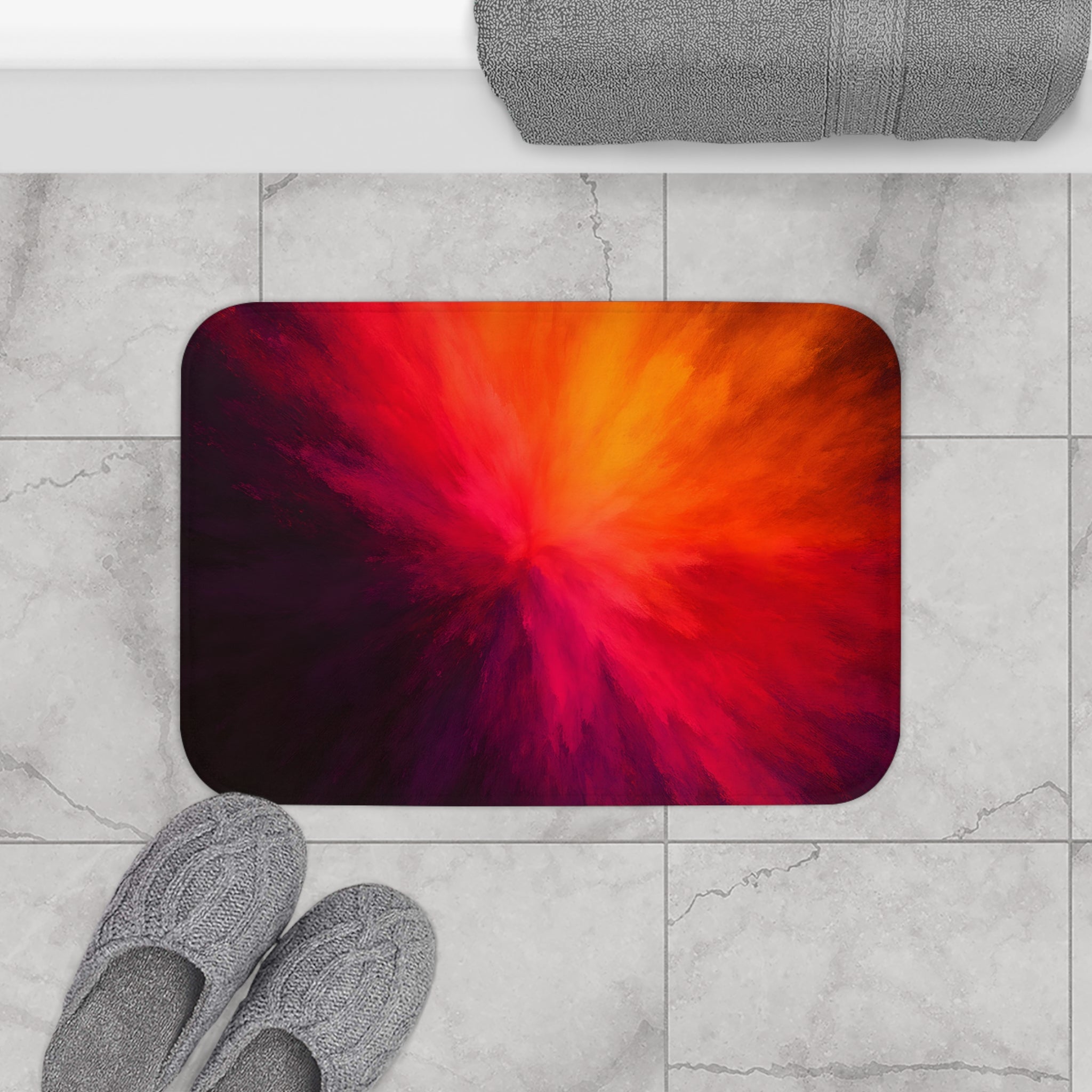 Fiery Nebula Bath Mat — Vibrant Red Orange Abstract Bathroom Rug
