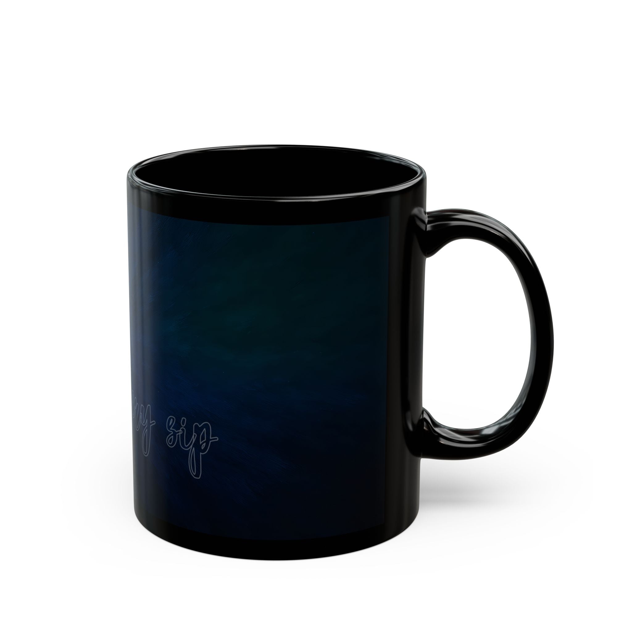 Galaxy Heart Black Mug — Subtle Blue & Orange Nebula Coffee Cup (11oz/15oz)