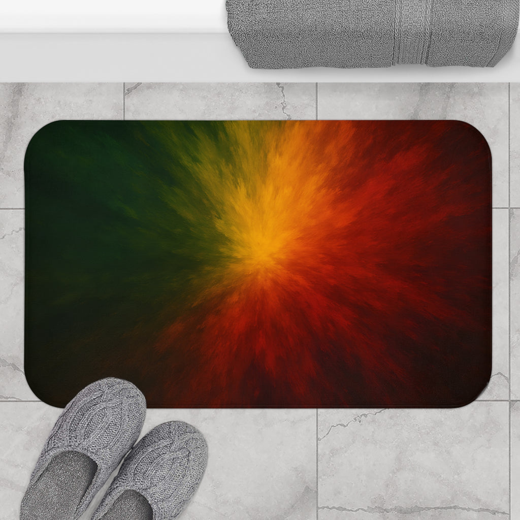 Abstract Sunset Burst Bath Mat — Colorful Red Orange Yellow Green Bathroom Rug