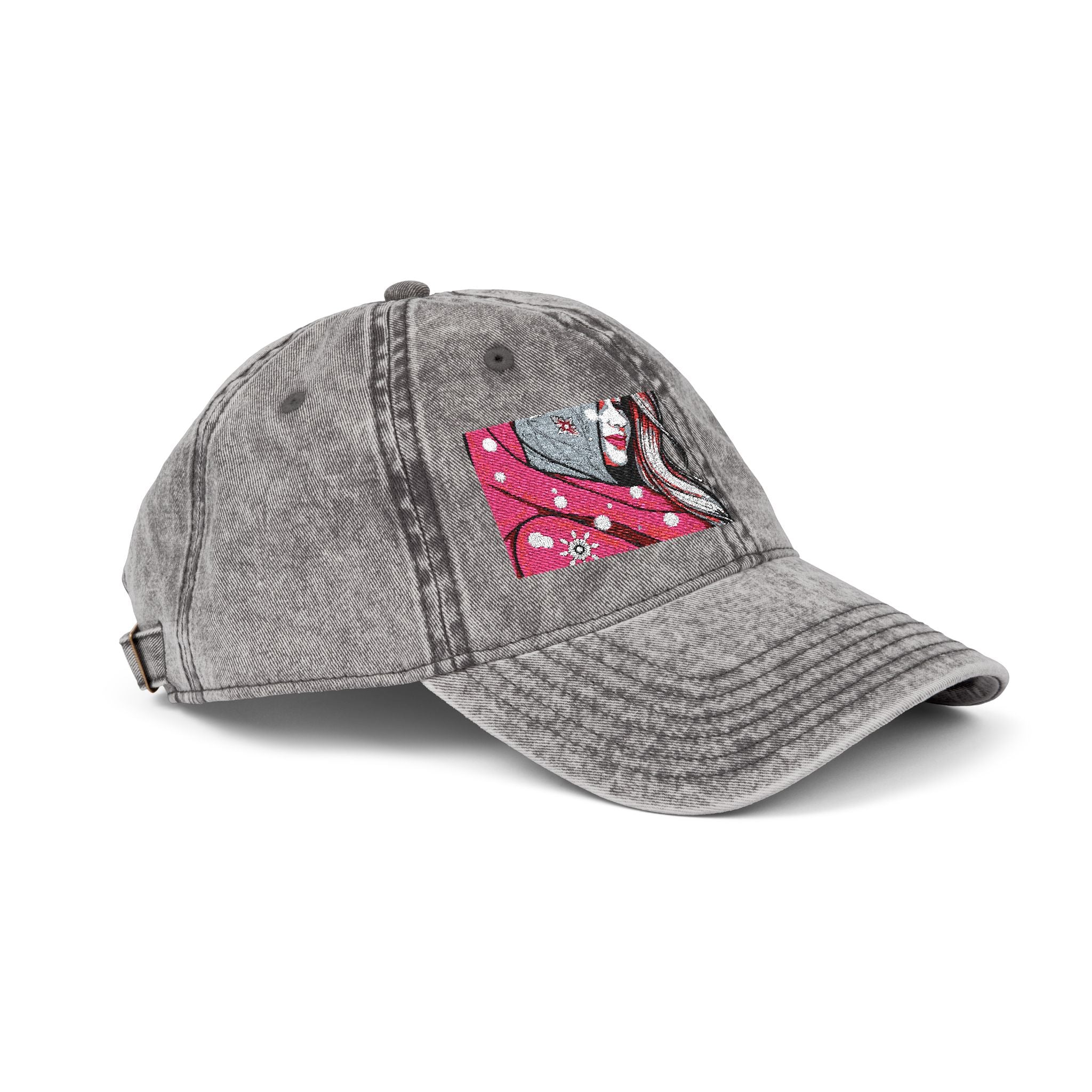 Embroidered Vintage Red Cap with Pink Floral Sparkle
