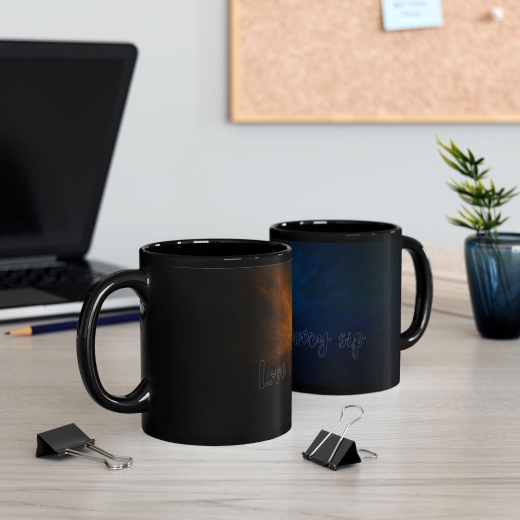 Galaxy Heart Black Mug — Subtle Blue & Orange Nebula Coffee Cup (11oz/15oz)