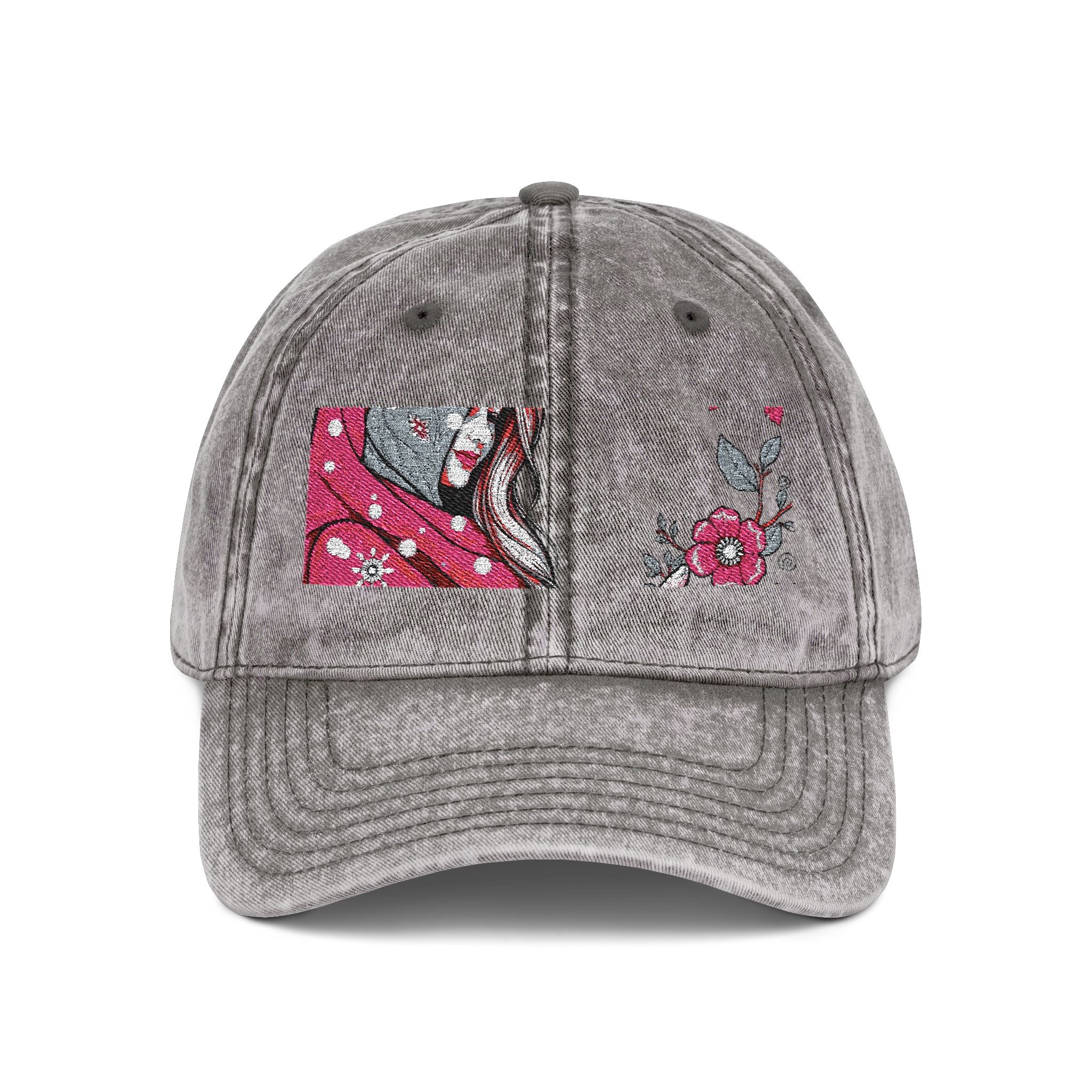 Embroidered Vintage Red Cap with Pink Floral Sparkle
