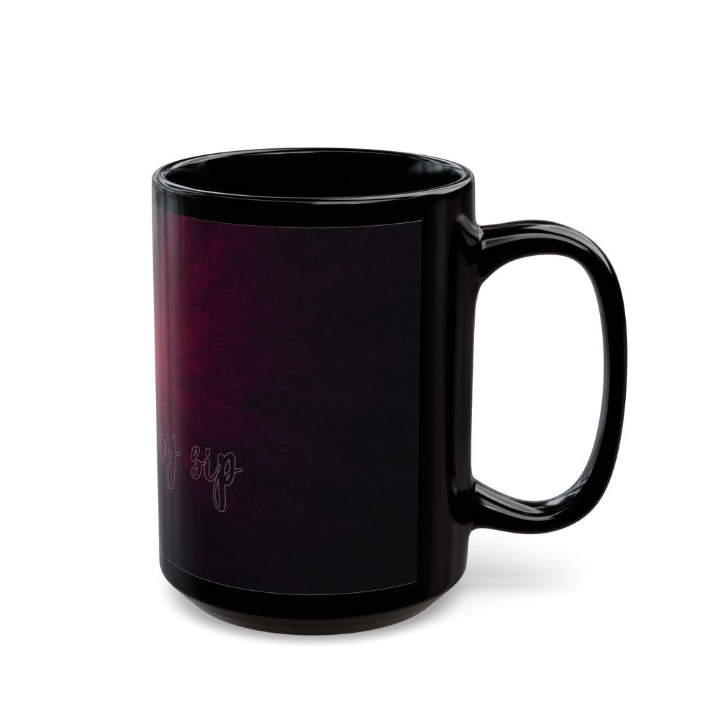 Black Ceramic Mug — Deep Maroon Starburst Design (11oz & 15oz)