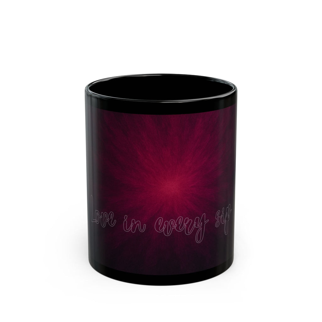 Black Ceramic Mug — Deep Maroon Starburst Design (11oz & 15oz)
