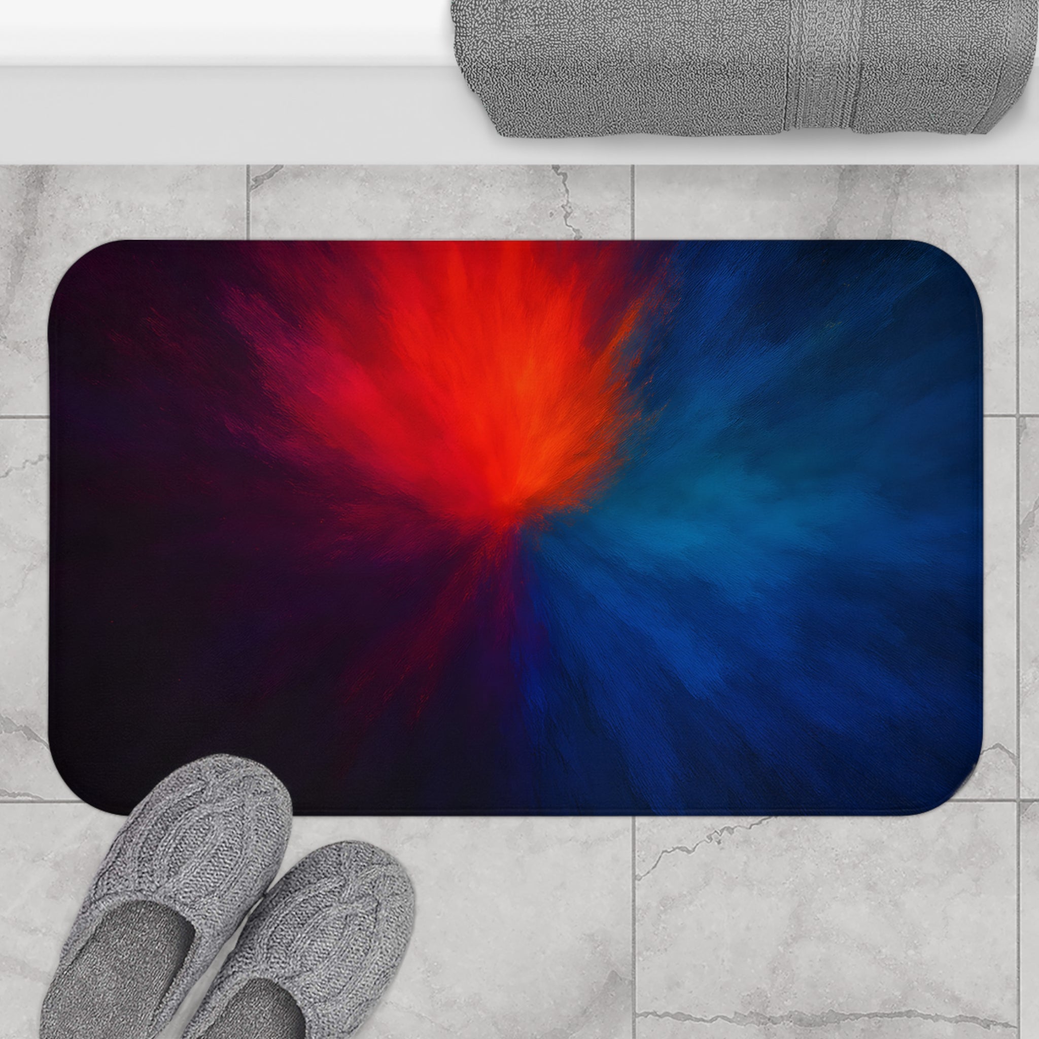 Abstract Red & Blue Burst Bath Mat — Soft Anti-Slip Bathroom Rug