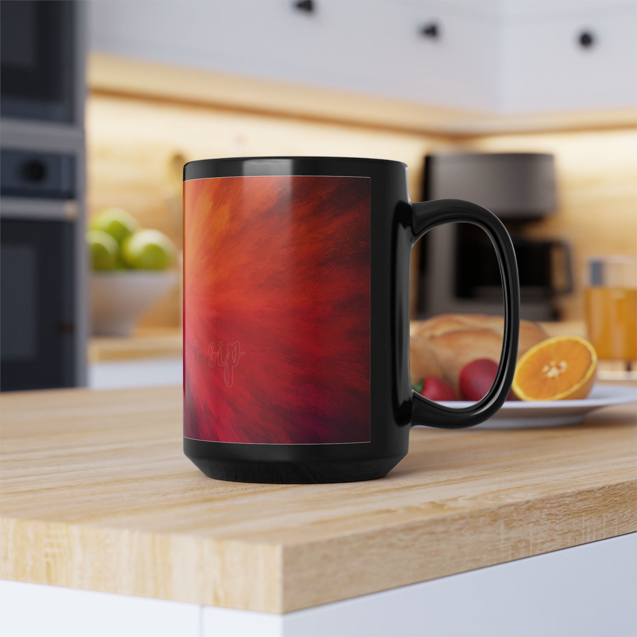 Abstract Sunrise Swirl Coffee Mug — Vibrant Red Orange Black Ceramic (11oz & 15oz)