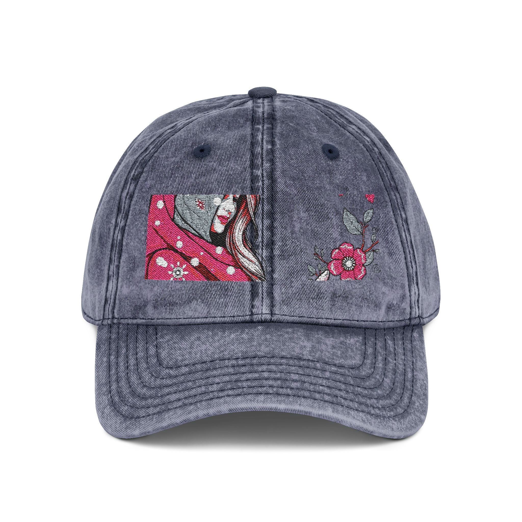 Embroidered Vintage Red Cap with Pink Floral Sparkle