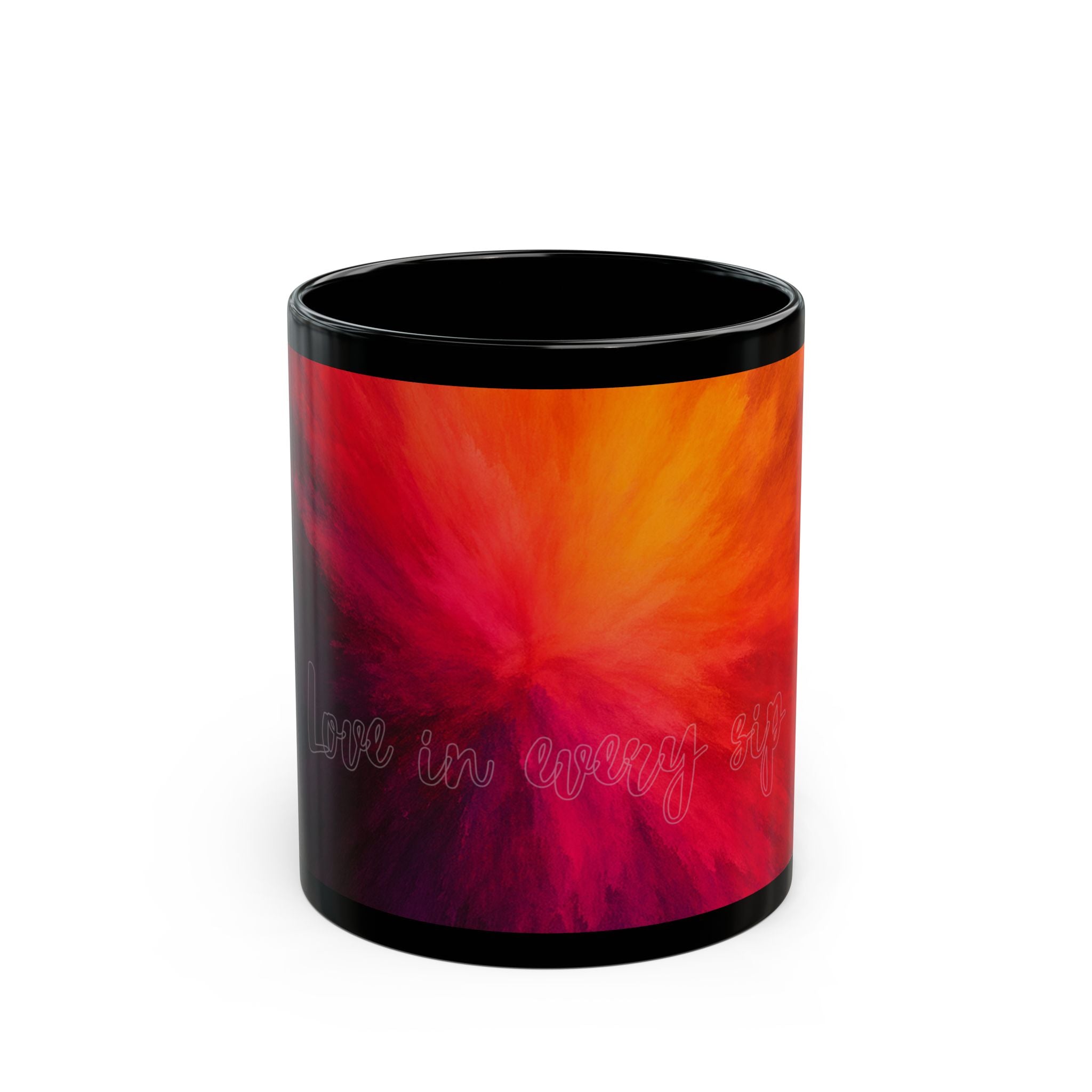 Abstract Sunrise Swirl Coffee Mug — Vibrant Red Orange Black Ceramic (11oz & 15oz)