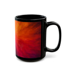 Abstract Sunrise Swirl Coffee Mug — Vibrant Red Orange Black Ceramic (11oz & 15oz)