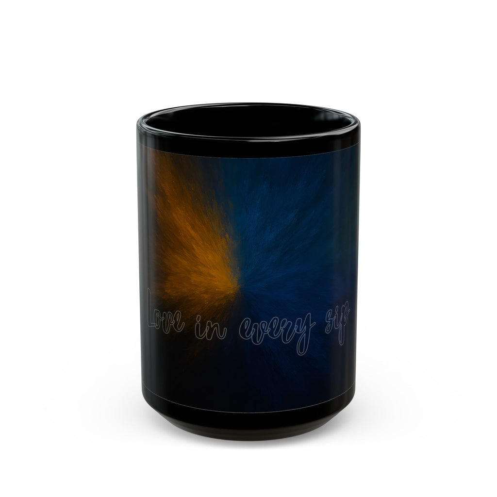 Galaxy Heart Black Mug — Subtle Blue & Orange Nebula Coffee Cup (11oz/15oz)