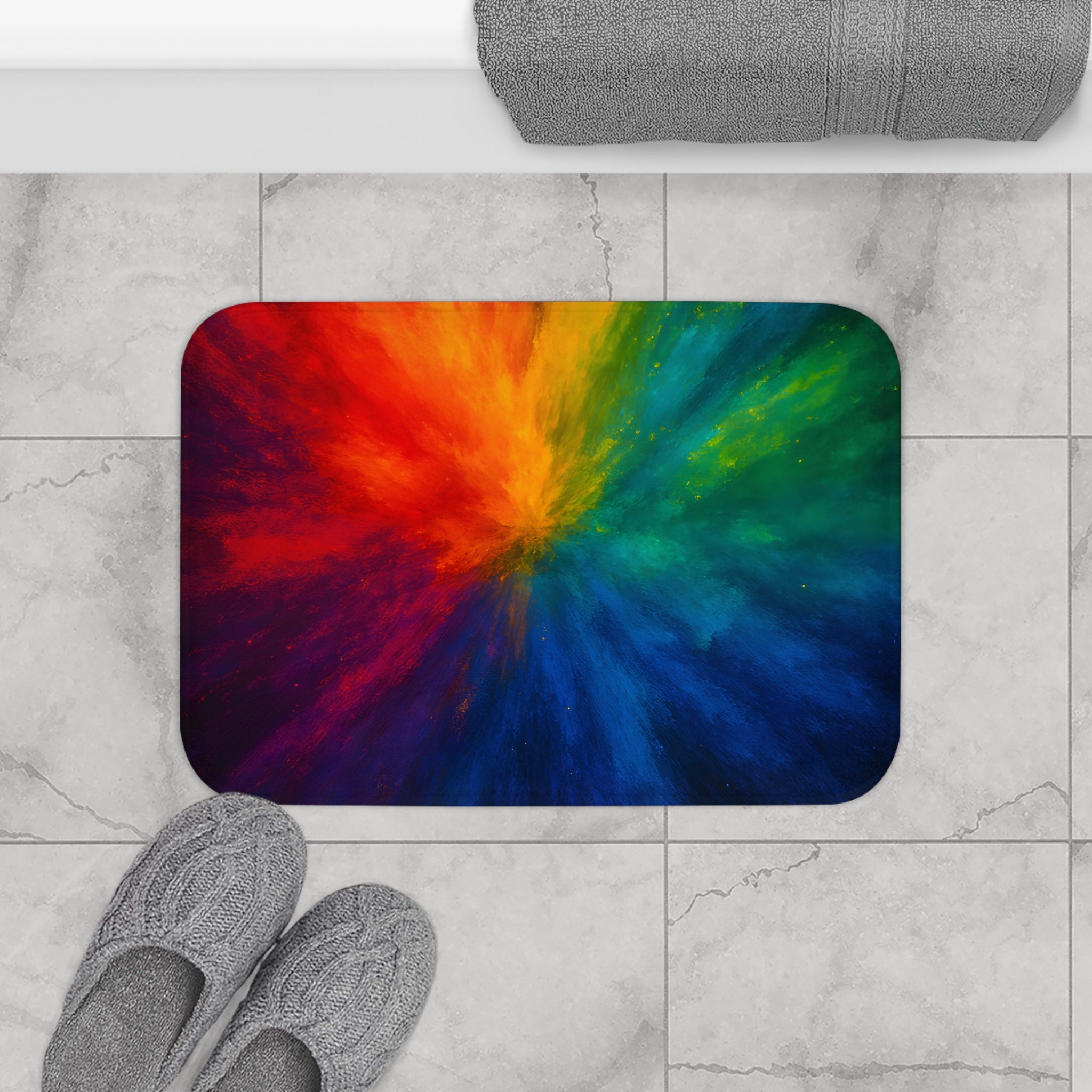 Rainbow Burst Bath Mat — Colorful Abstract Bathroom Rug