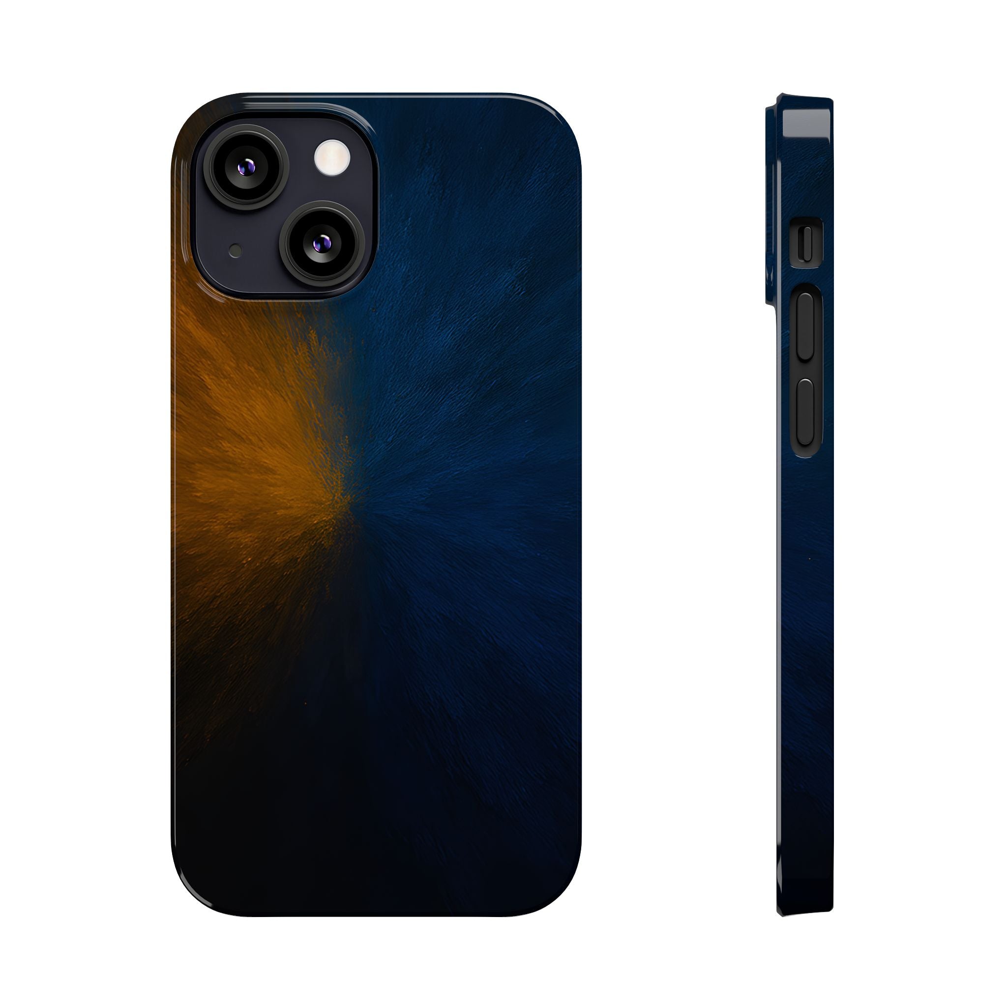 Slim Phone Case — Dark Blue & Amber Abstract Burst Protective Cover