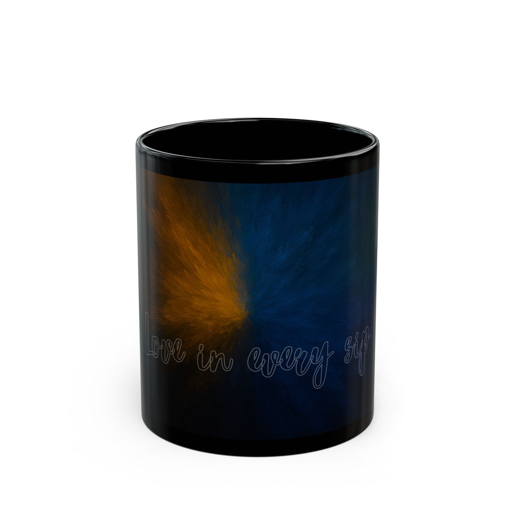 Galaxy Heart Black Mug — Subtle Blue & Orange Nebula Coffee Cup (11oz/15oz)