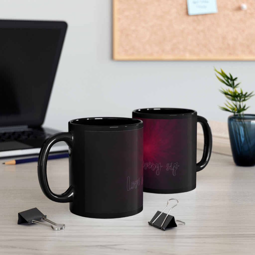 Black Ceramic Mug — Deep Maroon Starburst Design (11oz & 15oz)